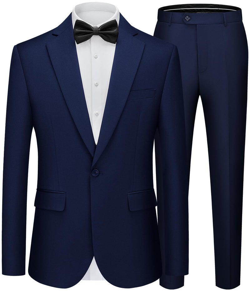 WEEN CHARM Men's Suit Regular Fit 2 Piece Wedding Tuxedo One Button Groom Prom Party Solid Blazer Pants Suit Set Navy Blue - Image 1